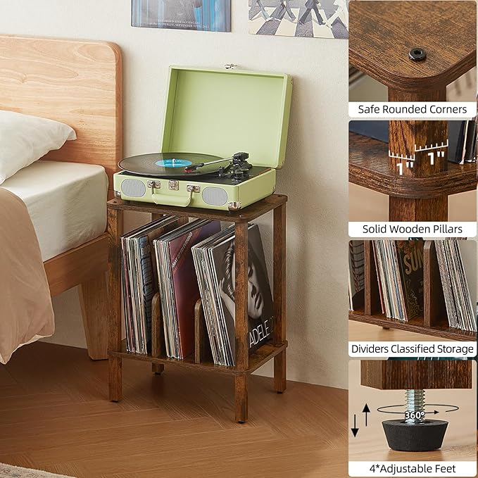 LELELINKY 2-Tier Bamboo Record Player Stand Set of 2 with Vinyl Record Storage up to 100 Albums, Boho Bedroom Record Holder and Multi-Functional End Table for Living Room, Brown