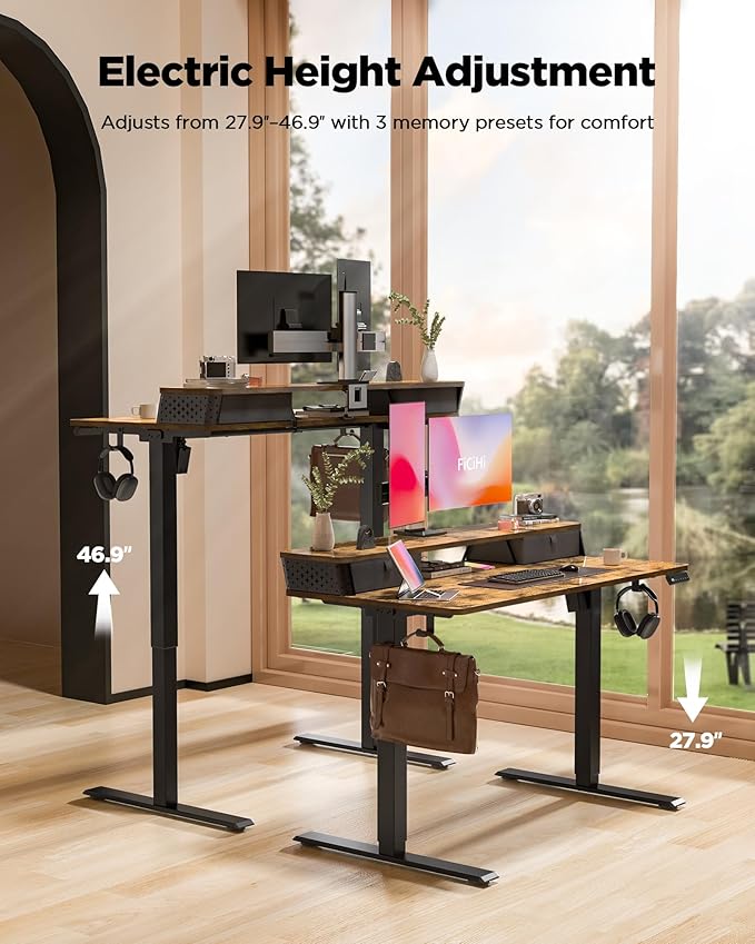 55x24 Inch Standing Desk with Double Drawers,C-Clamp Mount Compatible,Electric Adjustable Height Computer Stand Up Desks, Home Office Sit Stand Table with 3 Preset Heights & Hooks, Rustic Brown