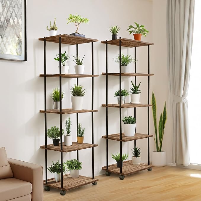 GETALL Tall Bookshelf with Wheels, 5 Tier Solid Wood Bookcase for Small Spaces, Corner Bookshelf Storage Organizer for CDs, Movies, Narrow Movable Shelfing Unit for Bedroom, Living Room