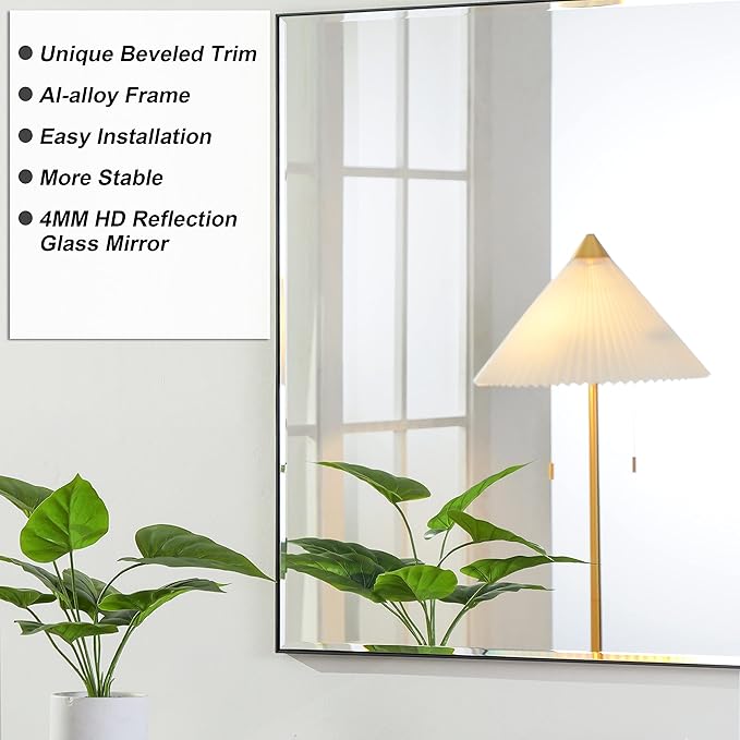 30x30 Inch Black Mirror with Beveled Trim, Aluminum Frame Bathroom Vanity Mirror, Copper-Free Mirror, Rectangle Wall Mounted Mirror, Modern Rectangular Mirror Horizontal or Vertical