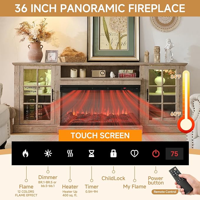 ROCKPOINT 3 Sided Glass 70" Fireplace TV Stand for TVs up to 80", Media Entertainment Center with Glass Door Storage Cabinet for Living Room,36" Electric Fireplace & Adjustable LED Light,Grey