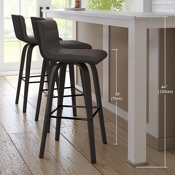 Armen Living Vienna 30" Swivel Bar Stool in Black Wood Finish with Gray Faux Leather - Set of 3