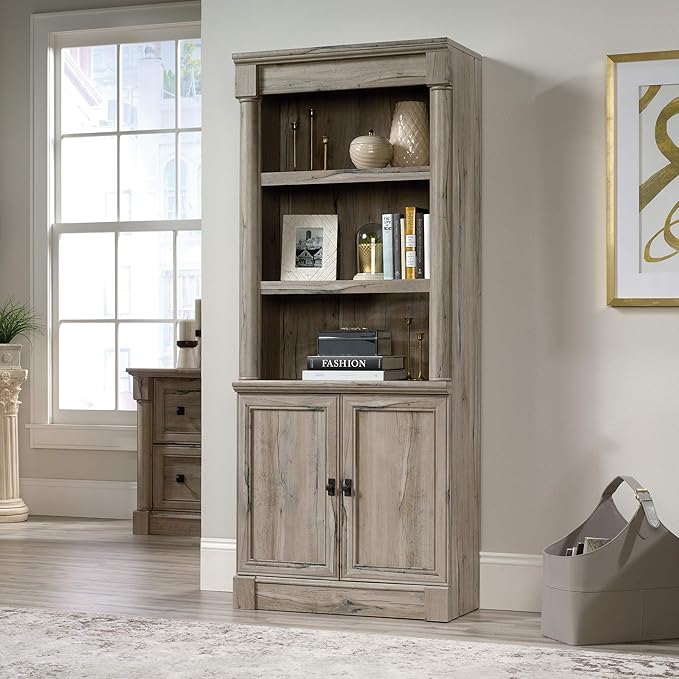 Sauder Palladia Library with Doors/Book Shelf, L: 29.37" x W: 13.9" x H: 71.85", Split Oak
