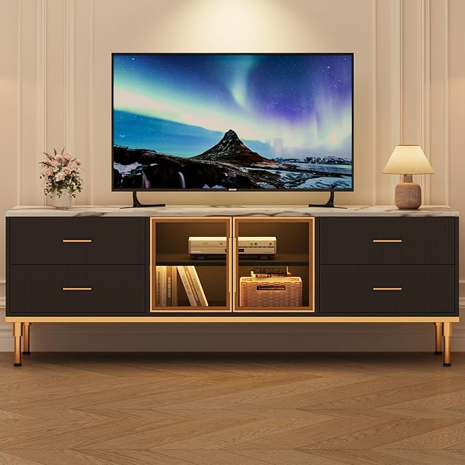 Garvee LED Lighted TV Stand for 55-75" TVs, Modern Entertainment Center with Drawers & Shelves, Glass Doors Living Room Furniture, Black