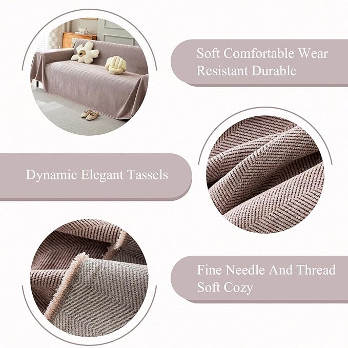 STACYPIK Thick Pink Geometric Sofa Covers for 3 Cushion Couch Reversible Herringbone Dogs Couch Covers0 Pet Scratch Protector Blanket for Living Room Chenille Cushion Covers with Tassel-91X150IN