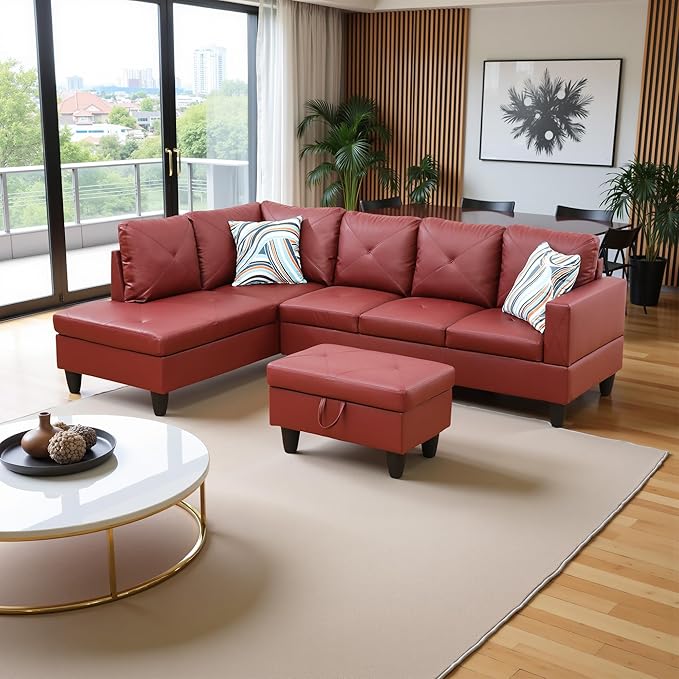 97" Oversized Sectional Couch, L Shaped Couch with Storage Ottoman, Modern Modular Sofa with Deep Seat, Sectional Couches for Living Room and Office, Red (Faux Leather)