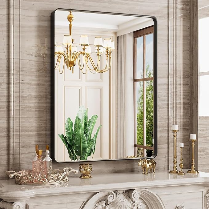 20X30 Inch Black Bathroom Mirror, Black Metal Framed Mirror for Wall, Rounded Rectangle Matte Bathroom Vanity Mirror with Tempered Glass, Anti-Rust, Horizontal/Vertical