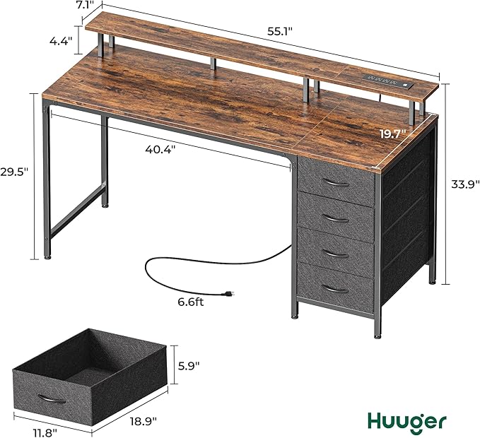 Huuger 55 Inch Computer Desk with Power Outlets and LED Lights, Gaming Desk with 4 Drawers, Office Desk with Monitor Stand, Study Work Home Office, Rustic Brown