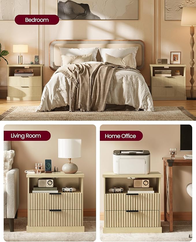 VASAGLE MAXE Collection - Nightstand with Charging Station, Bedside Table, Side End Table with 2 Drawers, Open Shelf, 2 AC Outlets, 2 USB Ports, Transitional, for Bedroom, Oak Beige ULET626Y01S