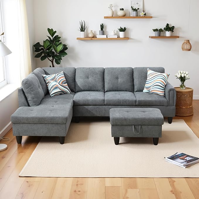 L Shaped Couch Modern Sectional Couch Upholstered Fluffy Fabric 3 Pieces Sofas for Living Room with Chaise, Storage Ottoman for Office and Small Apartment, Dark Grey