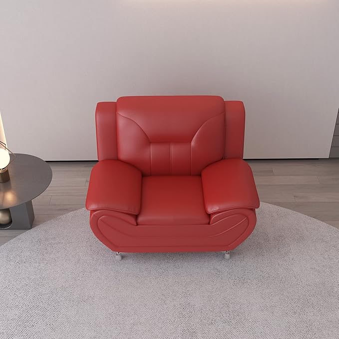 Container Furniture Direct Michael Modern Faux Leather Upholstered Stainless Steel Legs Living Room Sofa, Chair, Persian Red