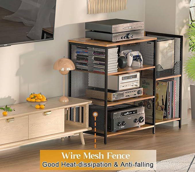 Large Record Player Stand Table with Vinyl Record Holder Up to 150PCS, AV Media Stand Stereo Cabinet Shelf Rack Tower with Storage, Sturdy, Adjustable Feet, Rustic, Large Capacity
