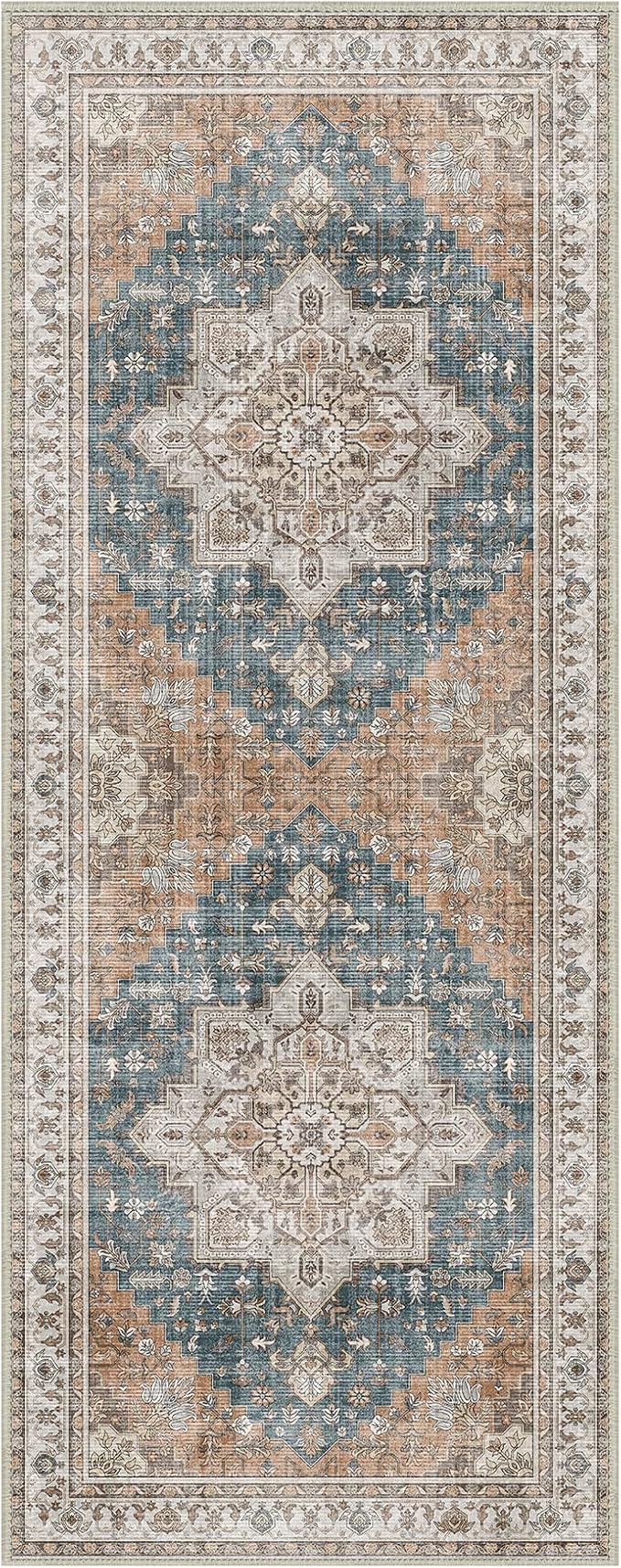 GENIMO 2x12 Runner Rugs for Hallway, Machine Washable Non Slip Vintage Rugs, Low Pile Lightweight Soft Print Rug for enrtyway, Corridor, Home Office, Kitchen, Blue Brown