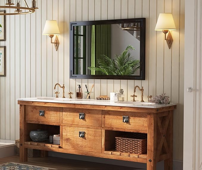 VocalStar Black Wood Framed Mirror 28 x 40 Inch, Rustic Natural Black Wooden Rectangle Bathroom Vanity Wall Mirror for Farmhouse Boho Decor, 1/4-inch Shatterproof Glass | Waterproof