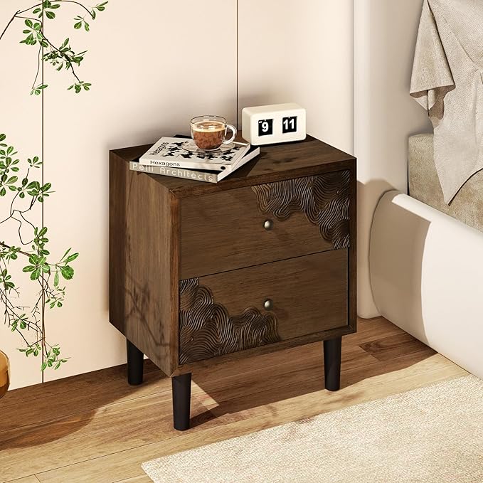 COSIEST Nightstand Set of 2, Mid Century Modern End Table with 2 Storage Drawers, Accent Side Table, Vintage Wood Luxury Night Stand for Bedroom, Living Room, Walnut