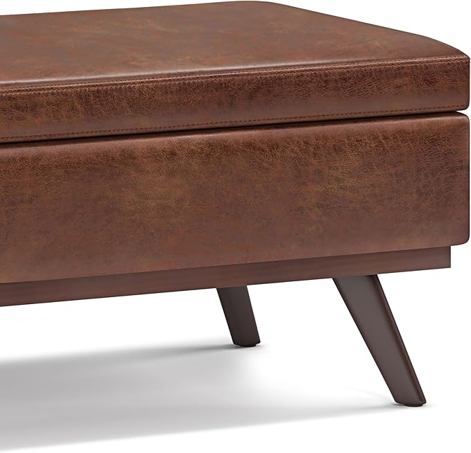 SIMPLIHOME Owen 42 inch Wide Mid Century Modern Rectangle Lift Top Large Coffee Table Storage Ottoman in Distressed Saddle Brown Vegan Faux Leather, Assembled, for the Living Room and Entryway