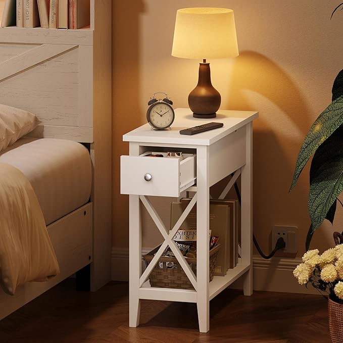 ChooChoo End Table with Charging Station, Narrow Side Table with USB Ports and Outlets, Nightstand with Drawer, for Small Spaces, Bedside Tables for Living Room White
