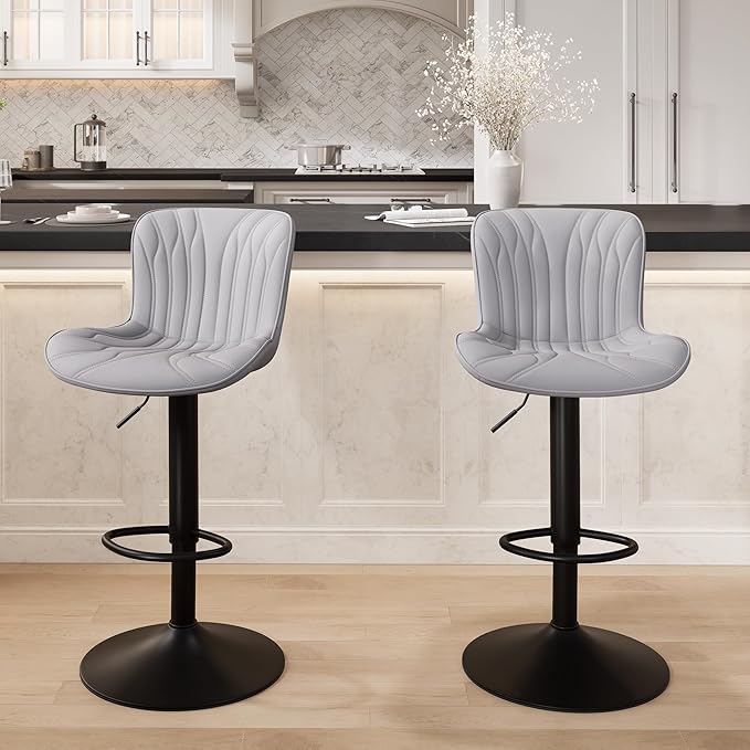 YOUNIKE Grey Bar Stools Set of 2 Modern Kitchen Counter Height Bar Chairs with Backs Faux Leather Upholstered Barstools Swivel Tall Adjustable Padded Breakfast Island Chair with Sturdy Metal Leg