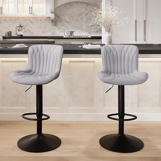 YOUNIKE Grey Bar Stools Set of 2 Modern Kitchen Counter Height Bar Chairs with Backs Faux Leather Upholstered Barstools Swivel Tall Adjustable Padded Breakfast Island Chair with Sturdy Metal Leg