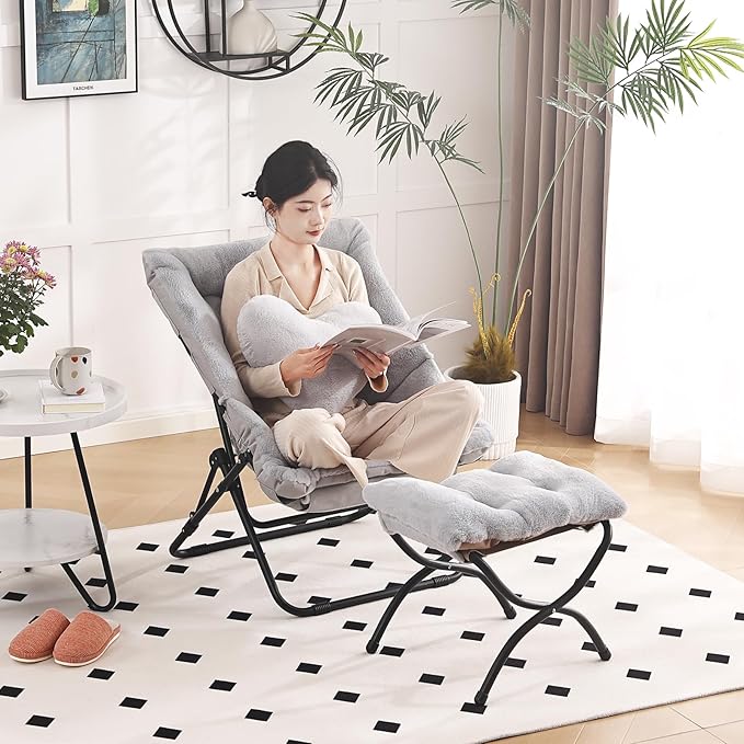 Comfy Saucer Chair with Ottoman, Oversized Folding Faux Fur Chair Soft Furry Lounge Lazy Chair with Metal Frame Moon Chair Accent Chair for Bedroom, Living Room, Dorm Rooms, Grey