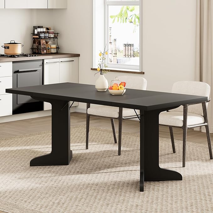 71" Large Dining Table for 6, Farmhouse Kitchen Table with Padded Top and Unique V-Shaped Feet, Rectangular Wooden Dining Table for 8 People for Home, Dining Room, Kitchen, Office, Black