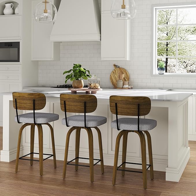 Swivel Counter Height Bar Stools with Back Set of 2, 26" Fabric Upholstered Kitchen Bar Stools with Wood Legs and Metal Footrest for Kitchen Island (Grey Fabric)