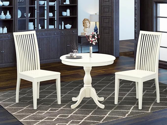 East West Furniture AMIP3-LWH-W 3 Piece Dining Room Table Set Contains a Round Kitchen Table with Pedestal and 2 Dining Chairs, 36x36 Inch, Linen White