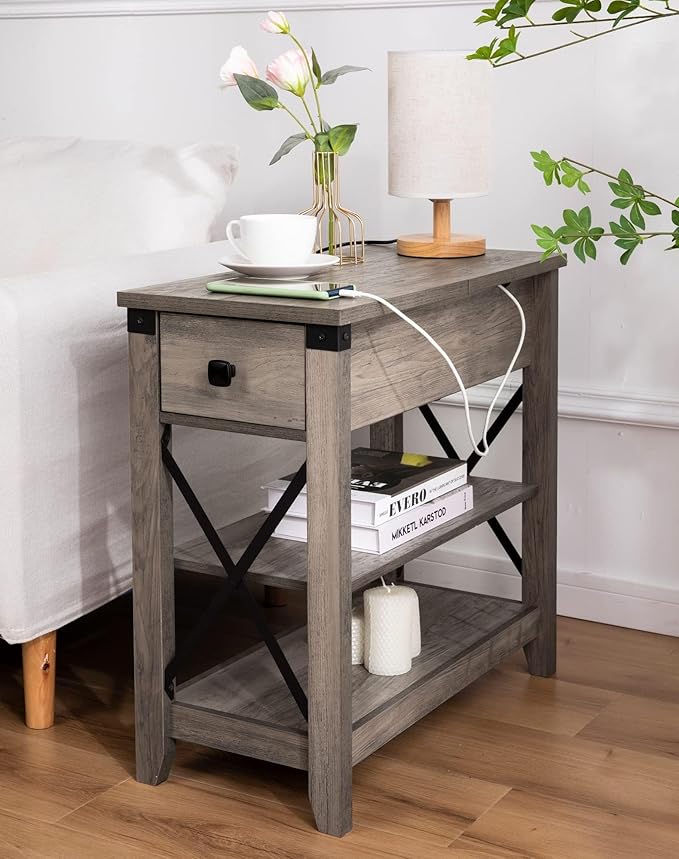 Narrow End Table with Charging Station - Farmhouse Slim Side Table Set of 2, w/USB Ports Power Outlets, Nightstand w/Flip Top Storage Drawer, for Small Spaces Living Room Bedroom, Gray