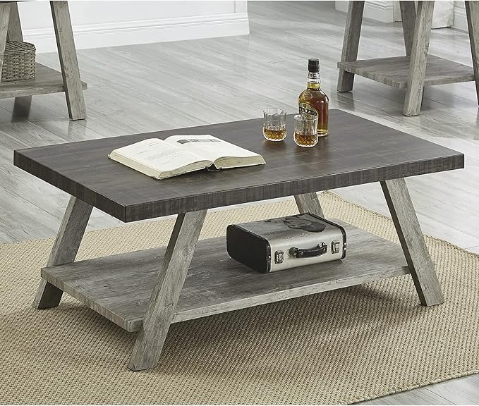 Roundhill Furniture Athens Contemporary Wood Shelf Coffee Table, Weathered Walnut and Gray