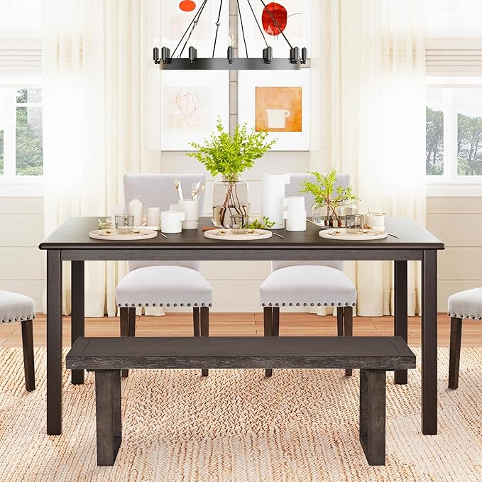 COLAMY 5-Piece Dining Table Set for 4, 60" Rectangular Kitchen Wood Table with 4 Nailhead Dining Room Chairs, Brown/Beige