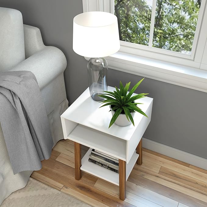 Plank+Beam Wooden Side Table with Cubby Storage Shelf, Mid Century Modern End Tables for Living Room, Small Solid Wood Nightstand, Bedside Tables, Bedroom Furniture, White/Pecan
