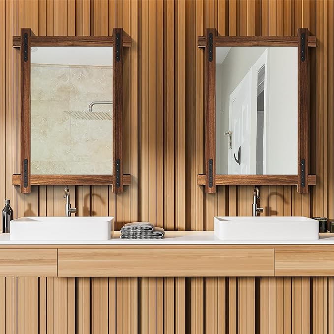 YOSHOOT Farmhouse Wood Bathroom Mirror, 40"x30" Rustic Wall Mirror, Round Corner Vanity Mirror for Decor, Vertical or Horizontal Hanging, Selected Wood, 100% Handmade
