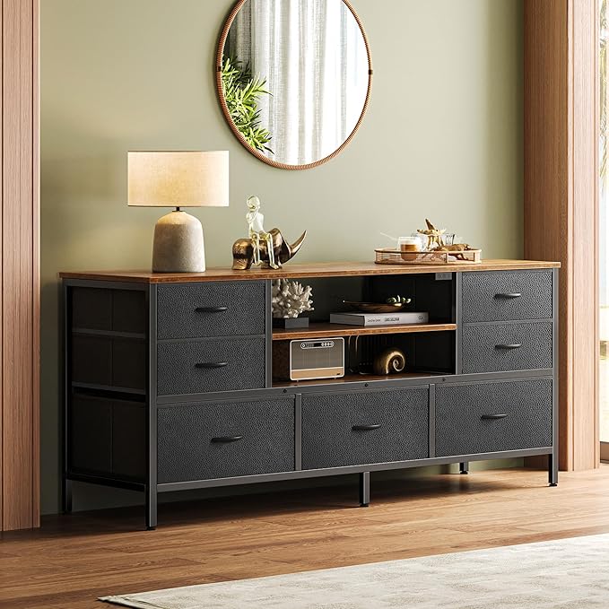 Huuger TV Stand Dresser with Power Outlets and LED Lights, 7 Drawers, 47 Inch Console, Rustic Brown and Black