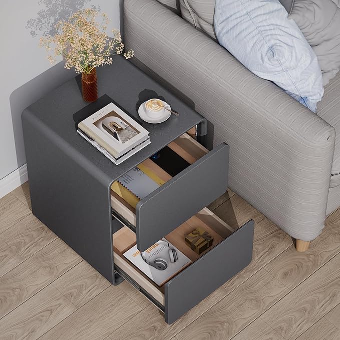 VICITON Modern Narrow Faux Leather Nightstand, Solid Wood Drawer, Storage Accent Table, Small Side End Table for Bedroom (Gray, Large(15.7inch))