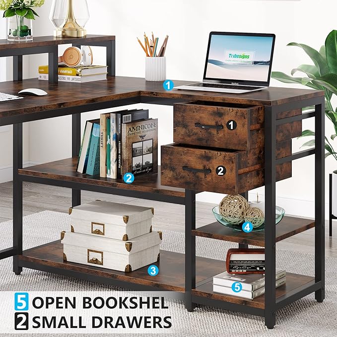 Tribesigns Reversible L Shaped Desk with Drawer, Brown Corner Desk with Storage Shelves and Monitor Stand, Writing Table for for Small Space (Rustic)