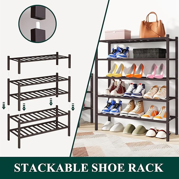 Smiry Shoe Rack, 3 Tier Bamboo Shoe Organizer, Stackable Free Standing Wooden Shoe Storage Shelf for Closet, Entryway, Front Door Entrance, Brown