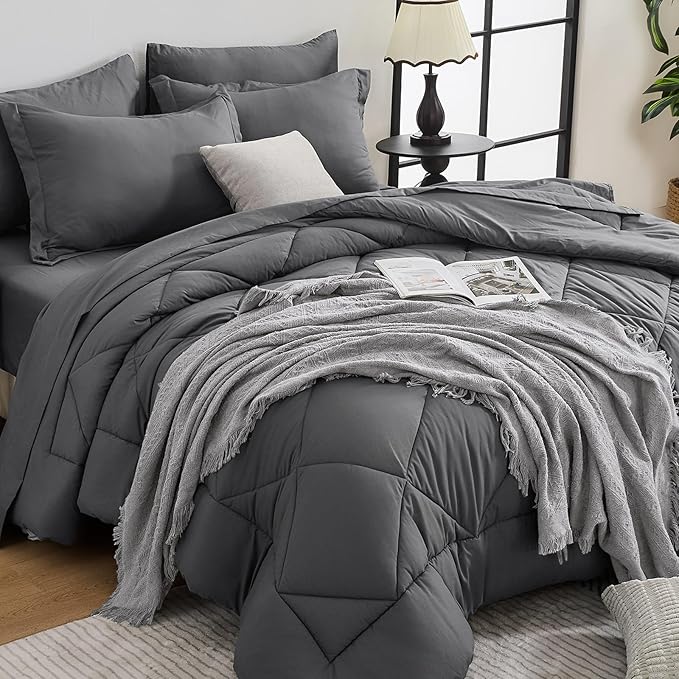 HEVUMYI King Comforter Set - 7-Piece All Season Bed in a Bag King, Ultra Soft Bedding Set with Comforter, Flat Sheet, Fitted Sheet, Pillowcases, Pillow Shams, Dark Grey