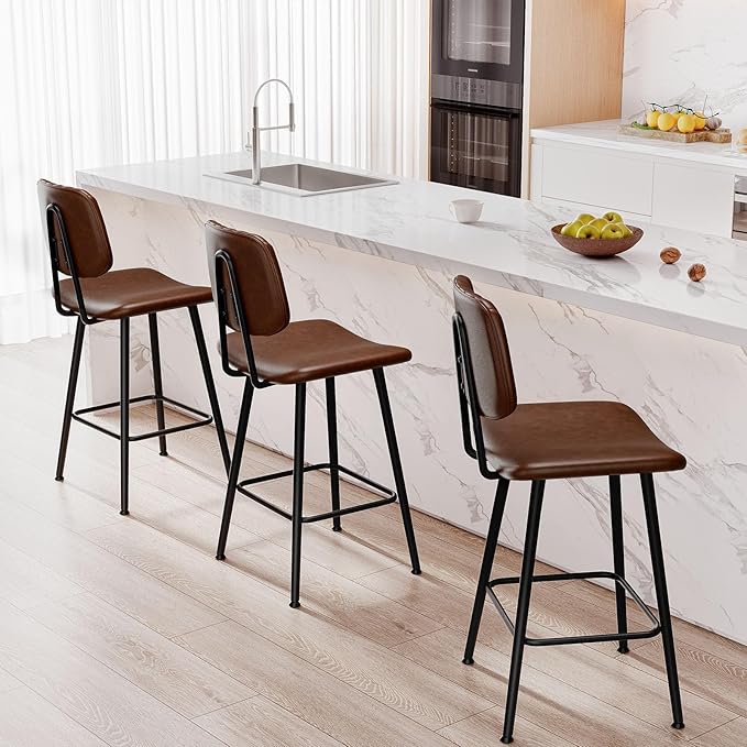 24-Inch Leather Bar Stools Set of 3, Counter Height Barstools with High Backrest，Bar Chairs for Kitchen Island with Heavy Duty Metal Legs, Dark Brown