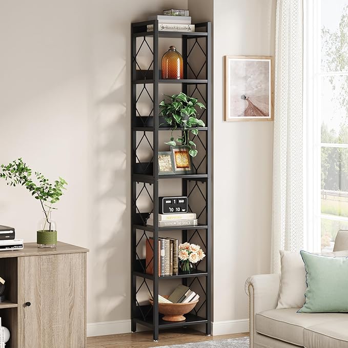 Tribesigns 78.7 Inch Extra Tall Narrow Bookshelf, 7 Tier Skinny Bookcase for Small Spaces, Freestanding Display Shelves, Multifunctional Corner Storage Organizer for Home Office, Black