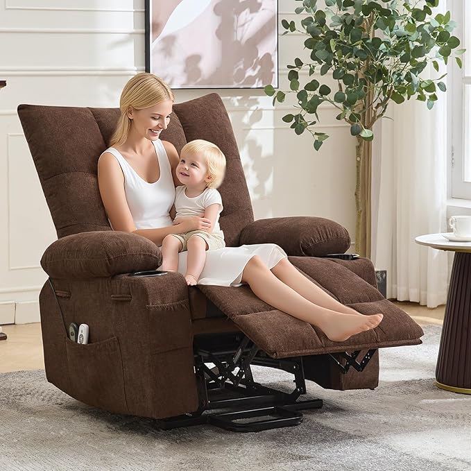 GarveeHome Power Lift Recliner Chair for Elderly with Massage and Heat, Oversized Electric Massage & Heat Recliner with Soft Padded Upholstery, Side Pocket & Cup Holders for Living Room, Brown