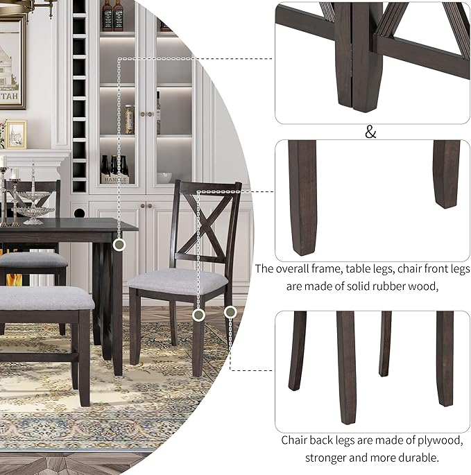 Ball & Cast 6-Piece Dining Table Set, 60" Wood Dining Kitchen Table & Chairs Set, Rectangular Dining Room Foldable Table with 4 Upholstered Chairs & 1 Bench,Perfect for Dining Room, Kitchen, Espresso