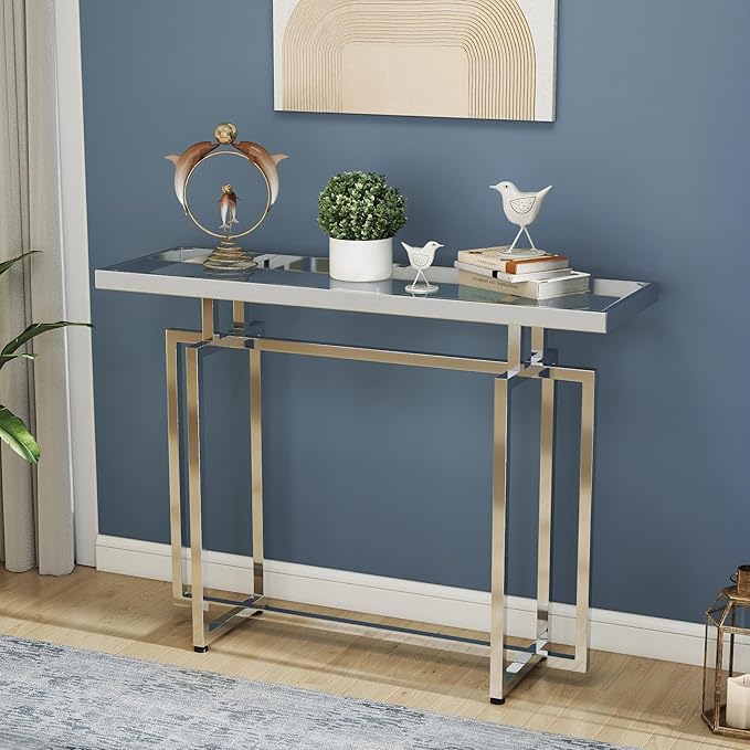 ASYA Glass Console Table for Entryway, Modern Entryway Table with Tempered Glass & Chrome Frame, Silver Sofa Table for Living Room Hallway