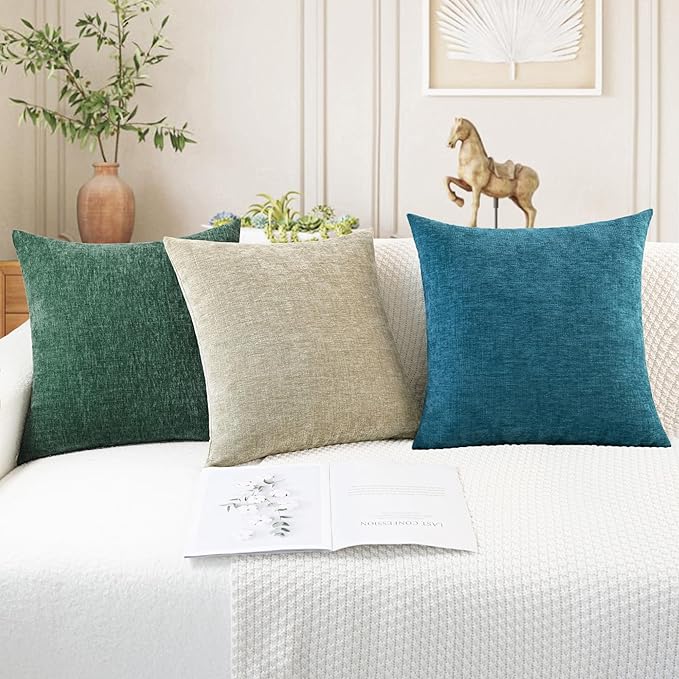 CaliTime Throw Pillow Covers Decorative 16 X 16 Inches Pack of 2 Cozy Chenille Cushion Cases for Couch Sofa Bed Living Room Home Dark Green
