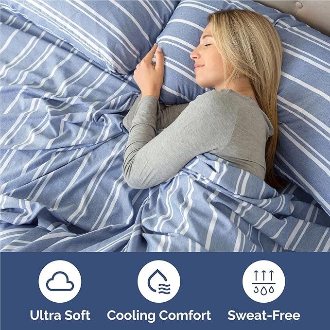 Full Size 4 Piece Sheet Set - Comfy Breathable & Cooling Bed Sheets Set - Hotel Luxury Bedding for Women, Men, Kids, Teens, Boys & Girls - Deep Pockets, Soft, Wrinkle Free - Oeko-Tex - Blue Stripes 3