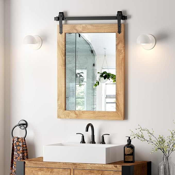 Farmhouse Barn Door Mirror 22”x32” Rustic Decorative Vanity Mirrors Wall Decor Mirror for Bathroom Living Room Entryway