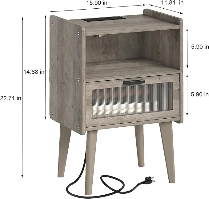 Nightstand with Charging Station, Bedside Tables Oak Grey End Table Side Table with 2 Tiers Storage Space, for Bedroom Living Room MLBZ07GE