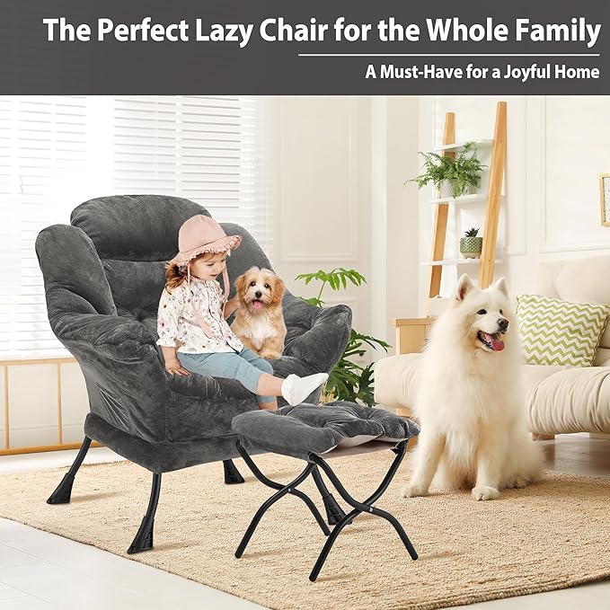 Lazy Chair with Folding Ottoman, Accent Chair Plush Upholstered with Metal Structure and Non-Slip Pads, Sofa Armchair with Footrest and Side Storage Bag for Dorm, Room, Office, Dark Gray