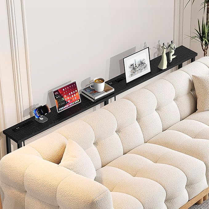 GRLEAF 90" Sofa Table with Built-in Power Strip (4 AC Outlets & 4 USB Ports) – 4.9ft Power Cord, Metal Frame, Easy Assembly, Long Couch Table Behind Sofa, Living Room and Home Office | Black