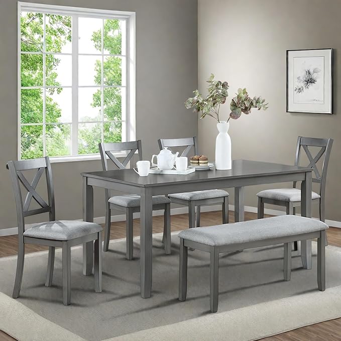 6-Piece Dining Table Set for 4-6 People, Kitchen Set with 4 Upholstered Chairs and One Bench, Living Room Chairs with X-Shape Backrest, Rectangular Wooden Table for Home Bar and Kitchen, Gray