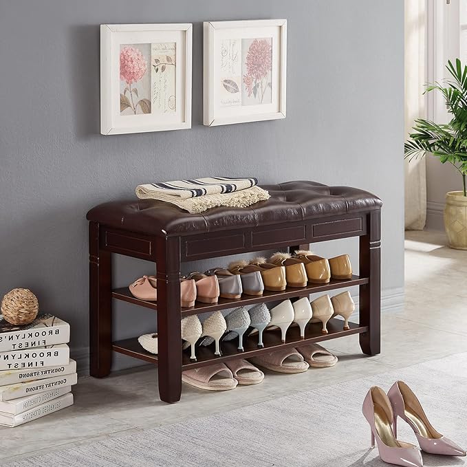 Shoe Storage Bench, Entryway Shoe Rack with Fiberleather Seat 2-Tier Lift Top Organizer Wooden Shoe Bench for Entryway Hallway Living Room (Dark Brown 31.5x13.8x18.9'')